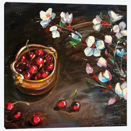 Still Life With Cherries And Flowers Canvas Print #VSH237} by Victoria Sukhasyan Canvas Art