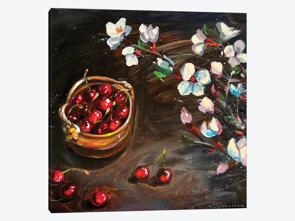 Still Life With Cherries And Flowers by Victoria Sukhasyan 1-piece Canvas Art
