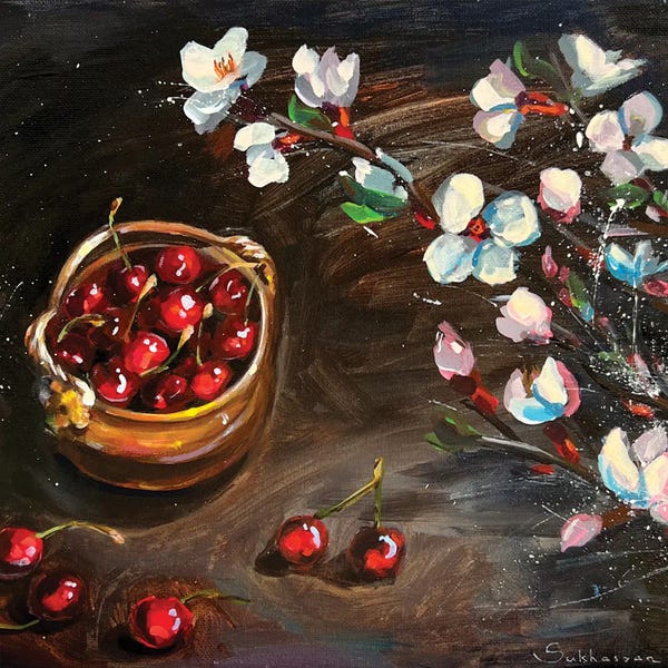 Blossoms: Still Life With Cherries And Flowers by Victoria Sukhasyan