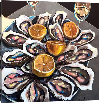 Still Life With Wine, Oysters And Lemons III Canvas Art Print - Seafood Art