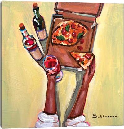 Friday Night. Pizza And Wine Canvas Art Print - Wine Art