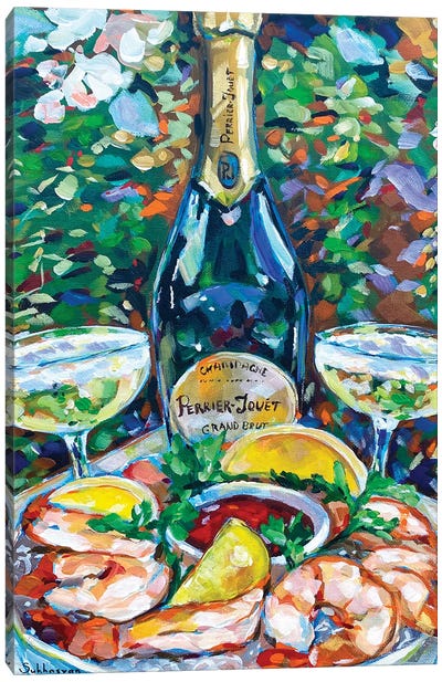 Still Life With Champagne, Shrimps And Lemons Canvas Art Print - Victoria Sukhasyan
