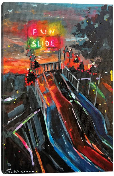 Fun Slides At Night Canvas Art Print - Amusement Park Art