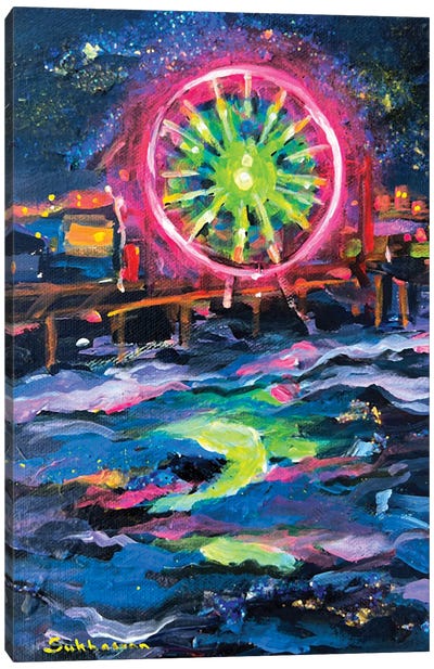 Santa Monica Pier At Night. California Canvas Art Print - Ferris Wheels