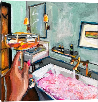 Bathroom Interior. Champagne And Bubble Bath Canvas Art Print - Hands