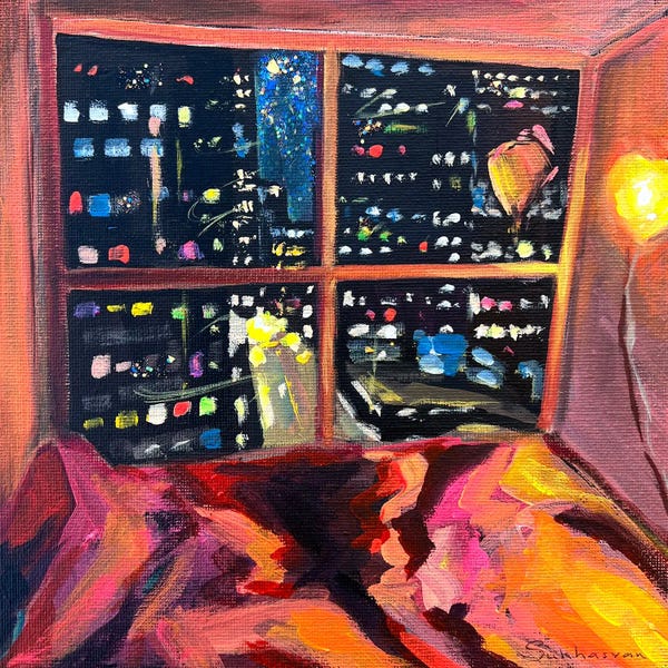 Los Angeles: Interior With Bed. Los Angeles Downtown At Night by Victoria Sukhasyan