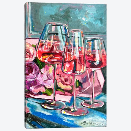 Still Life With Rosé Wine And Flowers Canvas Print #VSH280} by Victoria Sukhasyan Canvas Artwork