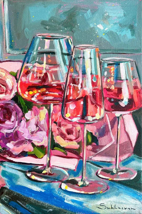 Still Life With Rosé Wine And Flowers