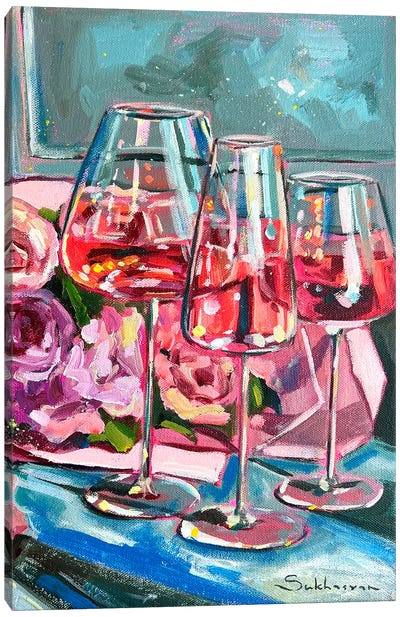 Still Life With Rosé Wine And Flowers Canvas Art Print - Victoria Sukhasyan