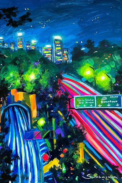 Contemporary Streetscapes: Los Angeles Cityscape At Night N7 by Victoria Sukhasyan