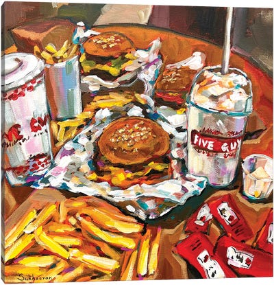 Still Life With Five Guys Burgers And French Fries Canvas Art Print - Sandwiches