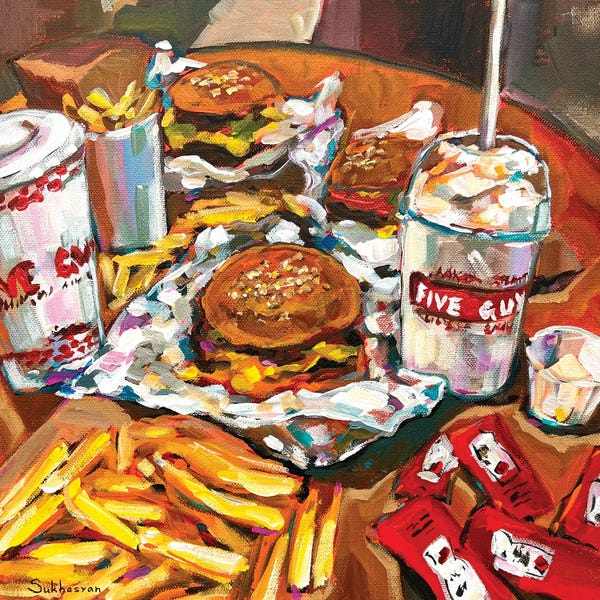 Simple Pleasures: Still Life With Five Guys Burgers And French Fries by Victoria Sukhasyan