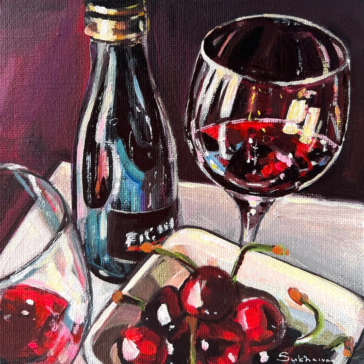 Still Life With Red Wine And Cherries II