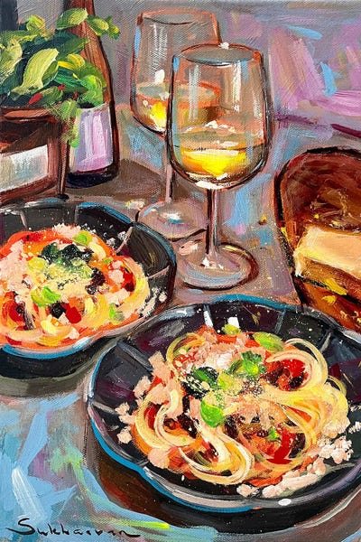 Pasta: Still Life With Spaghetti And White Wine by Victoria Sukhasyan