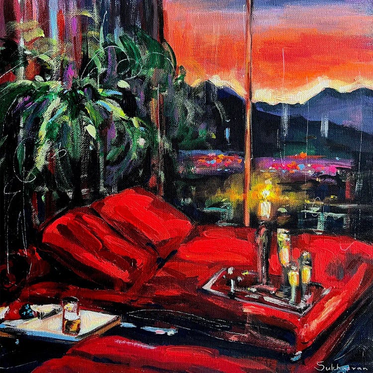 Interior With Red Couch, Candles And Champagne. Los Angeles Cityscape