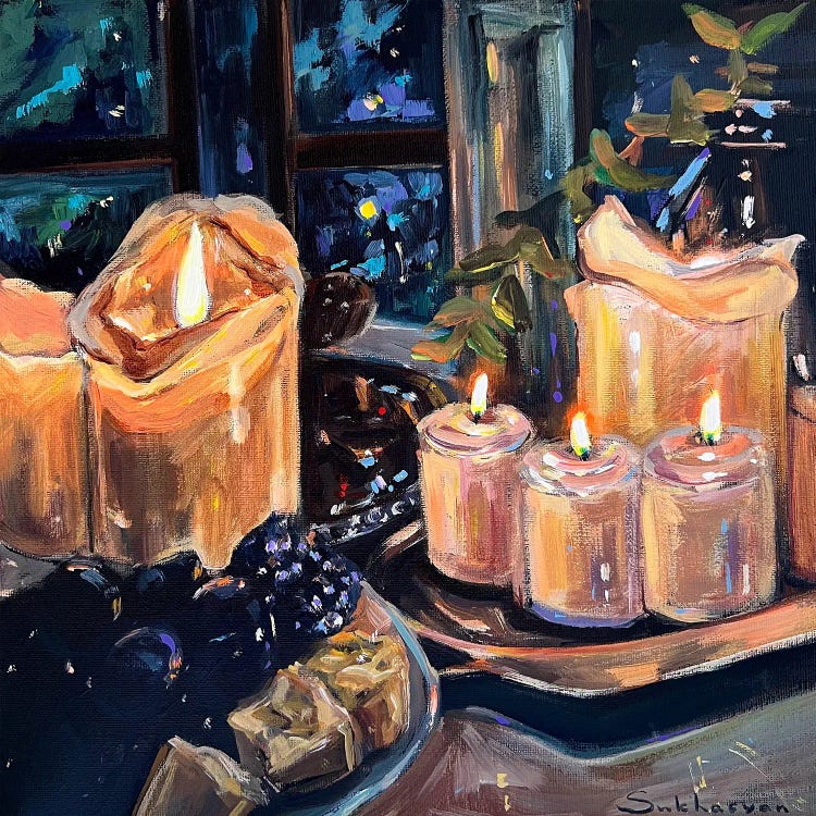 Still Life With Candles, Grapes And Cheese