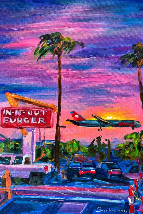 Los Angeles Cityscape With Plane. In-N-Out Burger