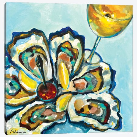 Still Life With The Glass Of Wine, Oysters And Lemon Slices Canvas Print #VSH33} by Victoria Sukhasyan Canvas Art Print