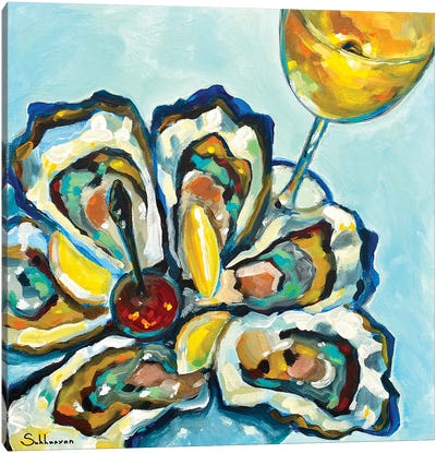 Still Life With The Glass Of Wine, Oysters And Lemon Slices Canvas Art Print - Victoria Sukhasyan