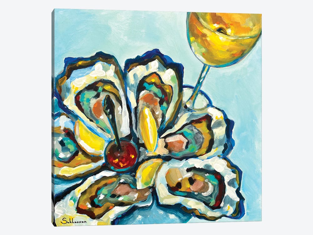 Still Life With The Glass Of Wine, Oysters And Lemon Slices by Victoria Sukhasyan 1-piece Canvas Wall Art