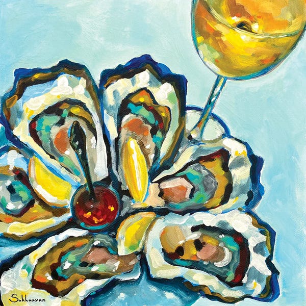 Oysters: Still Life With The Glass Of Wine, Oysters And Lemon Slices by Victoria Sukhasyan