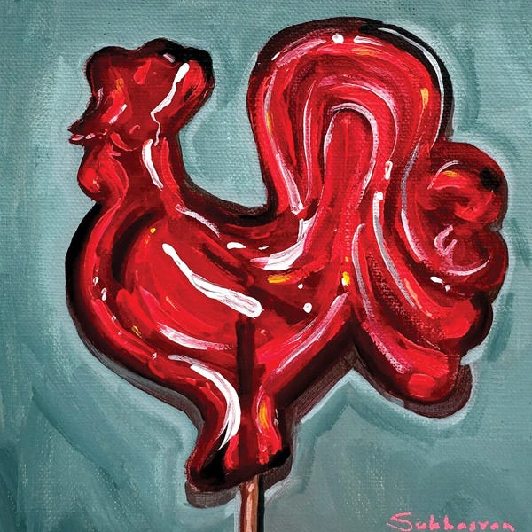 Still Life With Red Rooster On A Stick