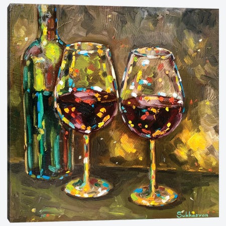 Still Life With Green Bottle And 2 Glasses Of Red Wine Canvas Print #VSH36} by Victoria Sukhasyan Canvas Artwork