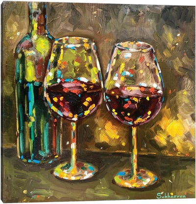 Still Life With Green Bottle And 2 Glasses Of Red Wine Canvas Art Print - Victoria Sukhasyan