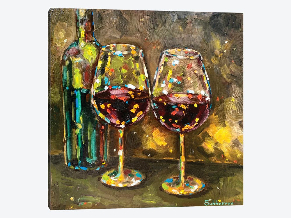 Still Life With Green Bottle And 2 Glasses Of Red Wine by Victoria Sukhasyan 1-piece Canvas Art Print