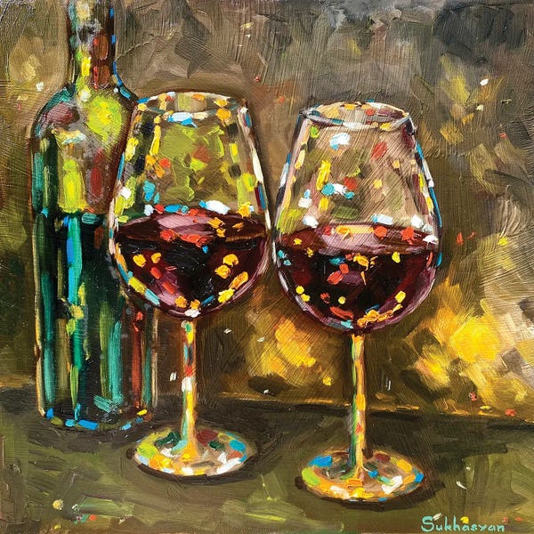 Wine: Still Life With Green Bottle And 2 Glasses Of Red Wine by Victoria Sukhasyan