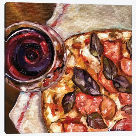 Still Life With A Glass Of Wine And Pizza Canvas Print #VSH38} by Victoria Sukhasyan Canvas Art Print
