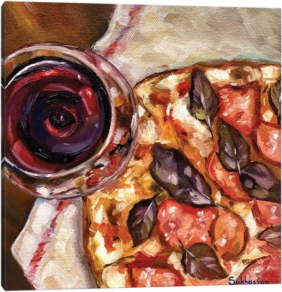 Still Life With A Glass Of Wine And Pizza Canvas Art Print - Victoria Sukhasyan