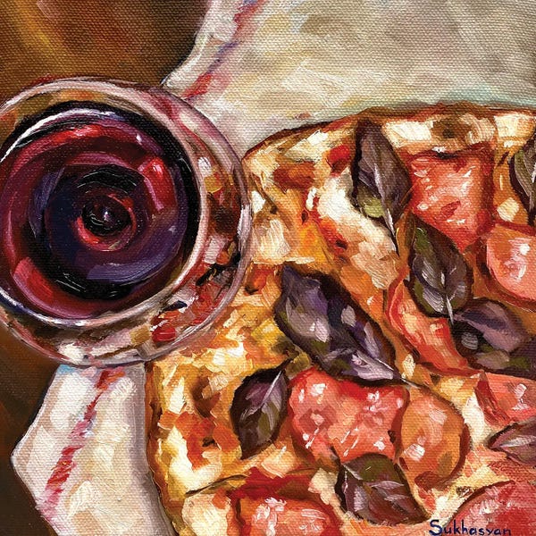 Simple Pleasures: Still Life With A Glass Of Wine And Pizza by Victoria Sukhasyan