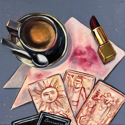 All Greens - Canvas Prints: Still Life With Coffee, Tarot Cards And Lipstick by Victoria Sukhasyan