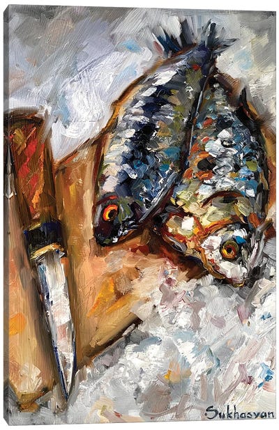 Still Life With Fish On The Snow Canvas Art Print - Seafood Art