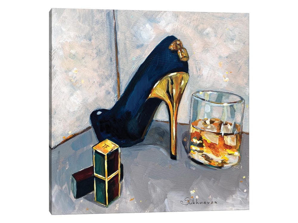 Still life with Tom Ford lipstick, Louis Vuitton heels and whiskey