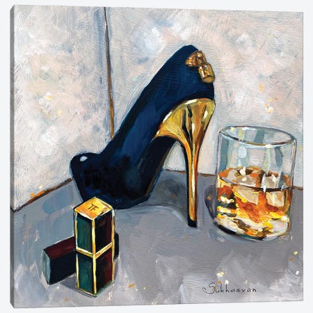 Still Life With Lipstick, Louis Vuitton Heels And Whiskey Canvas Print #VSH51} by Victoria Sukhasyan Canvas Art Print