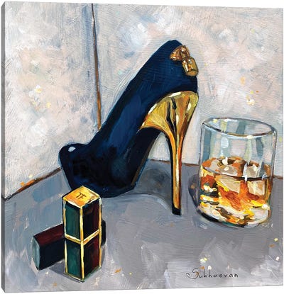 Still Life With Lipstick, Louis Vuitton Heels And Whiskey Canvas Art Print - Victoria Sukhasyan