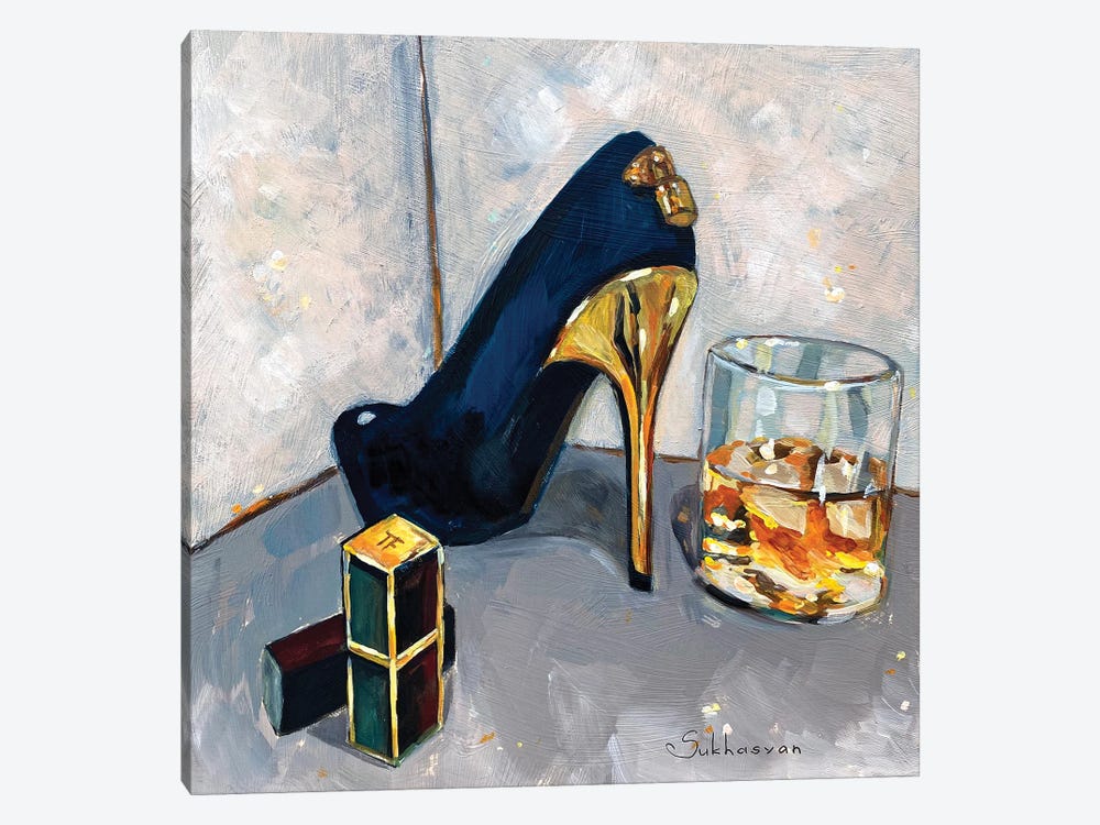 Still Life With Lipstick, Louis Vuitton Heels And Whiskey by Victoria Sukhasyan 1-piece Canvas Wall Art
