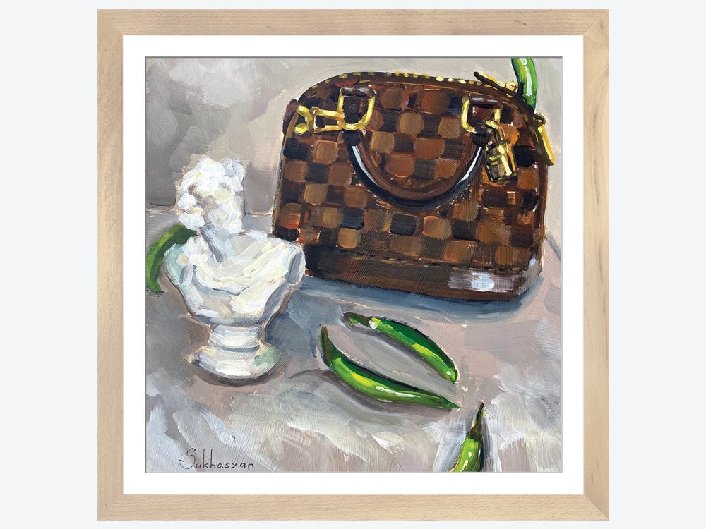 Still life with Louis Vuitton bag, jalapeño peppers and mini statue.  Original acrylic painting on wood panel 8x10 inches. Fashion. Painting by  Victoria Sukhasyan