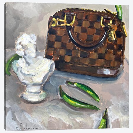 Still Life With Louis Vuitton Bag, Mini Statue And Jalapeño Peppers Canvas Print #VSH55} by Victoria Sukhasyan Canvas Art