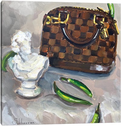 Still Life With Louis Vuitton Bag, Mini Statue And Jalapeño Peppers Canvas Art Print - Pepper Art
