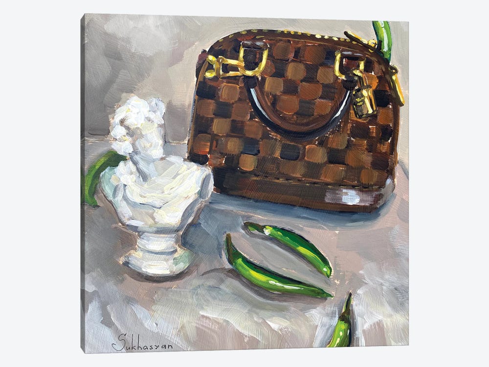 Still Life With Louis Vuitton Bag, Mini Statue And Jalapeño Peppers by Victoria Sukhasyan 1-piece Canvas Wall Art