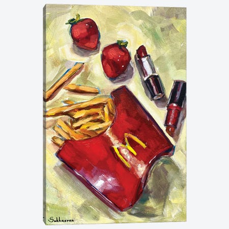 Still Life With McDonalds French Fries, Mac Lipsticks And Strawberries Canvas Print #VSH57} by Victoria Sukhasyan Canvas Wall Art