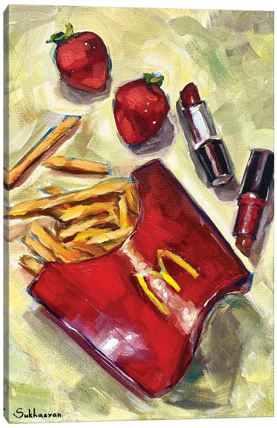 Still Life With McDonalds French Fries, Mac Lipsticks And Strawberries Canvas Art Print - Victoria Sukhasyan