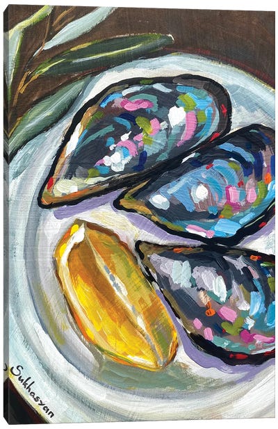 Still Life With Mussels Shells And Lemon Slice Canvas Art Print - Victoria Sukhasyan