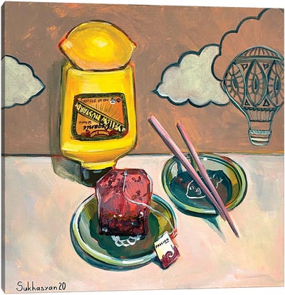 Still Life With Passion Fruit Tea, Lemon And Mustard Canvas Art Print - Victoria Sukhasyan