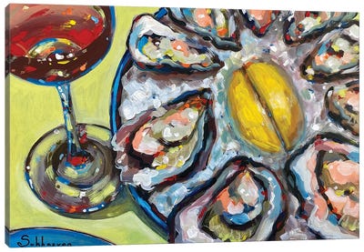 Still Life With Red Wine, Oysters And Lemon Slices Canvas Art Print - Seafood Art