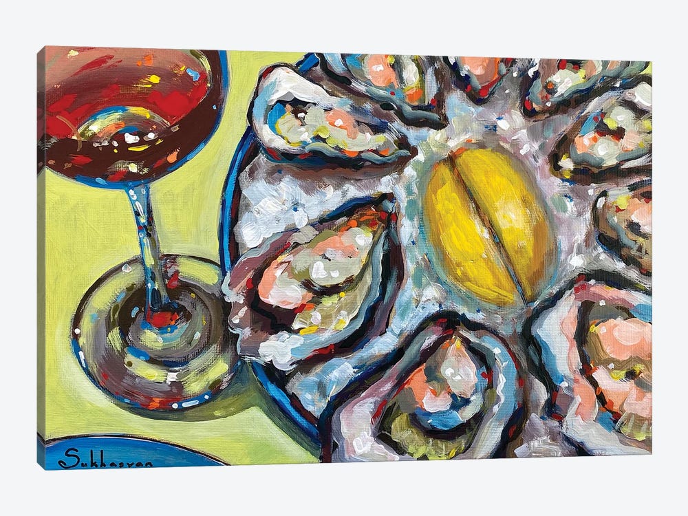 Still Life With Red Wine, Oysters And Lemon Slices by Victoria Sukhasyan 1-piece Canvas Art Print