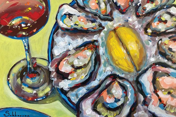 Oysters: Still Life With Red Wine, Oysters And Lemon Slices by Victoria Sukhasyan